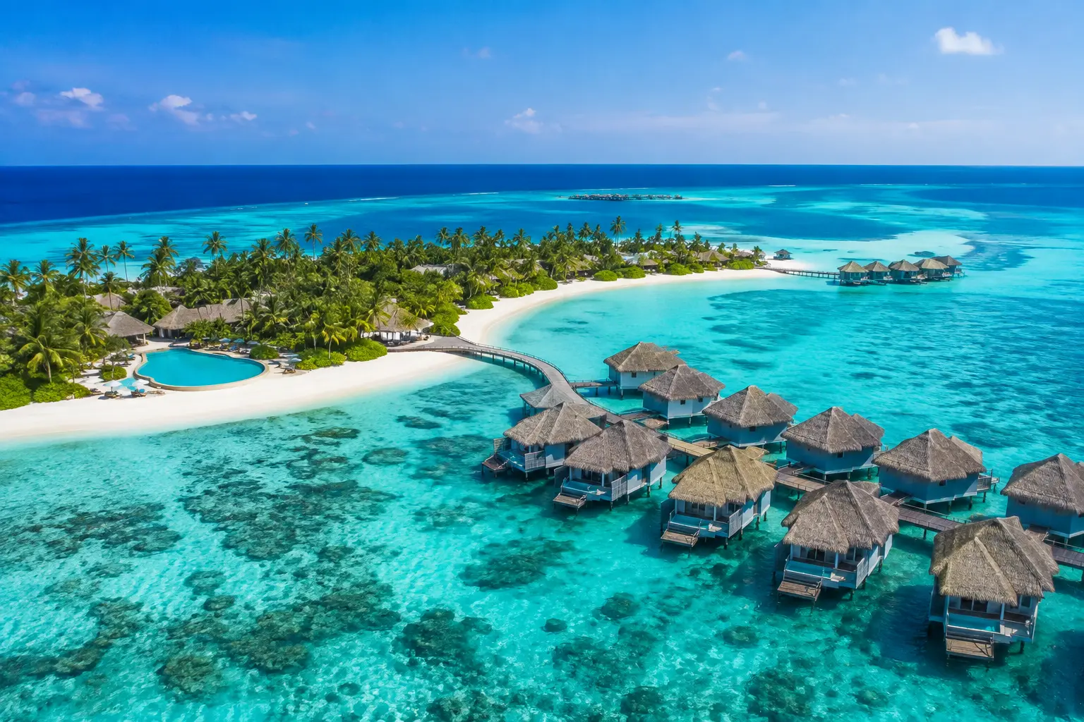 Turquoise lagoon and island resort in the Maldives