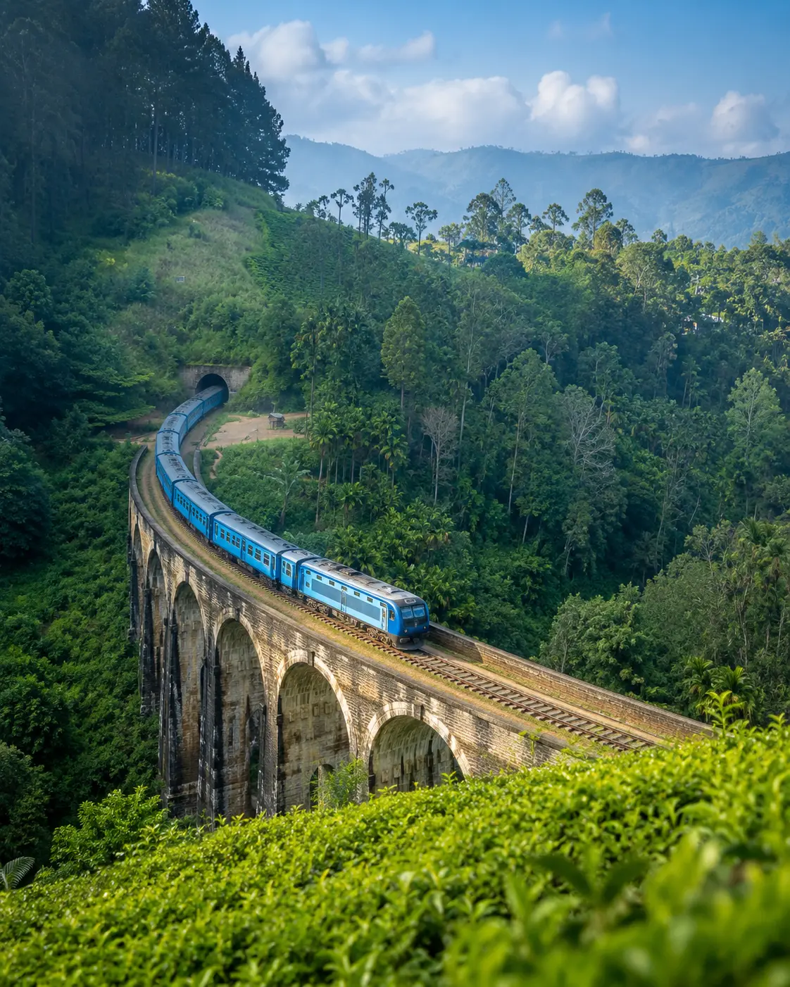 Scenic train travelling through Sri Lanka hill country
